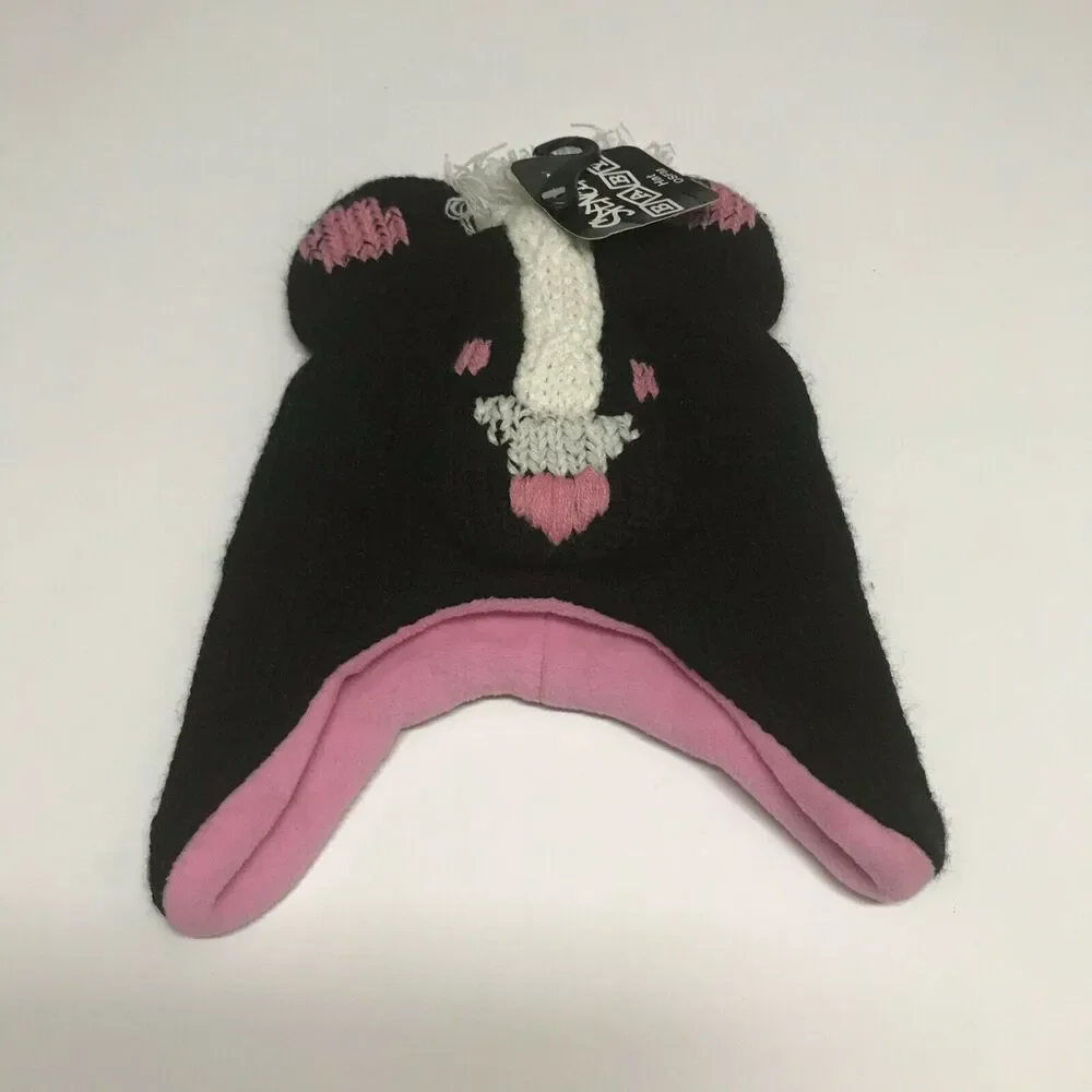 Spencer's Infant Girls‎ Hat One Size Black Pink White Skunk Knit Winter NEW